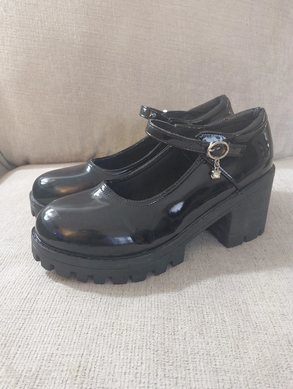 Black Patent Chunky Heel Lug Sole Mary Jane Shoes Size 10